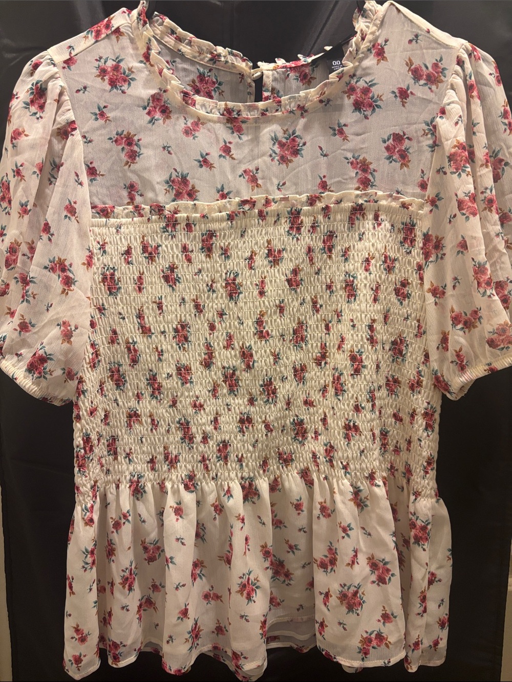 torrid Cream Floral Smocked Peplum Blouse with Pink Rose Print